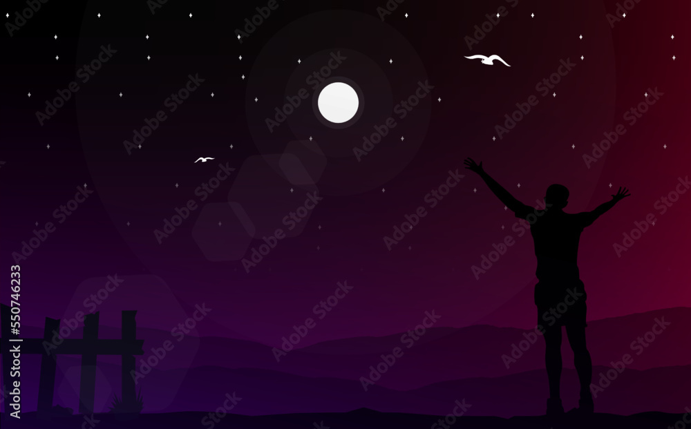 stars in the night. silhouette of a person in the night. freedom man walpaper. night sky with stars. freedom.