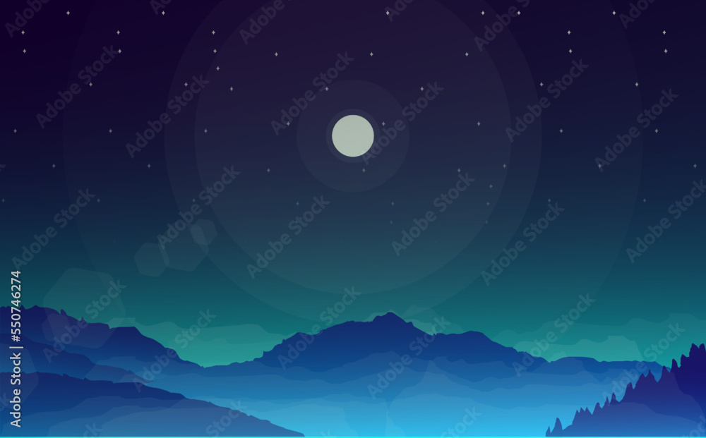 Obraz premium Vector illustration of beautiful dark blue mountain landscape mountain with fog and forest in the night, mountain landscape with fog, mountain background for desktop