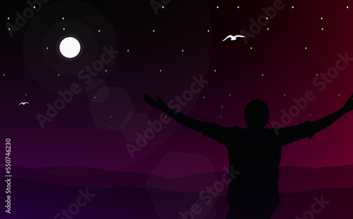 stars in the night. silhouette of a person in the night. freedom man walpaper. night sky with stars. freedom. silhouette of a person in the night.