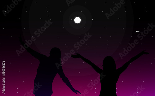 silhouette of woman in the night. freedom woman walpaper. night sky with stars. freedom. silhouette of a person in a night. stars in the night.