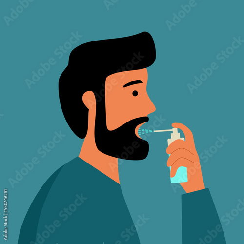 Man using mouth spray for fresh breathing or sore throat infection treatment in flat design.