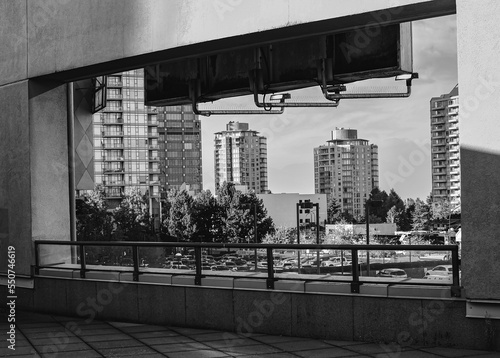 Modern city in black and white. Street view of city buildings in downtown Burnaby, shopping centre Metrotown area photo