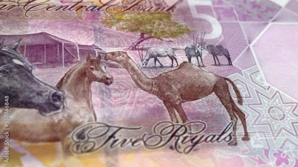 Qatar Qatari Riyal 5 Banknotes, Five Qatari Riyal, Closeup and macro view of the Qatari Riyal