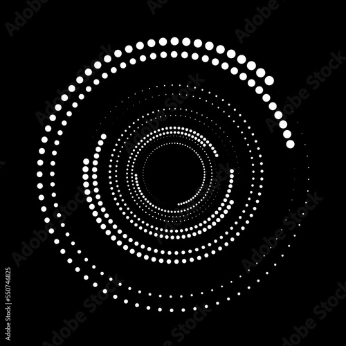 White dots in circle form. Halftone dotted lines. Trendy design element for border frame, round logo, tattoo, sign, symbol, web pages, prints, template, pattern, abstract background