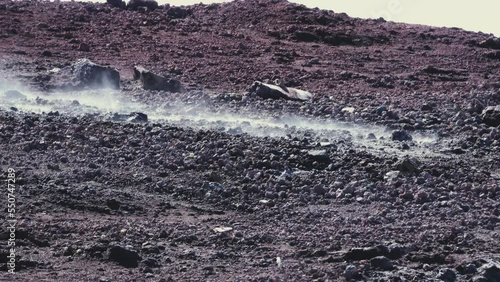 In active volcano crater (volcanic vent) - lava with fragmentary scoriae (cinder block lava), fumarole, solfataras, volcanic emanations (sour, hydrogen sulfide gas), sulfur deposits, etc. Kamchatka. photo