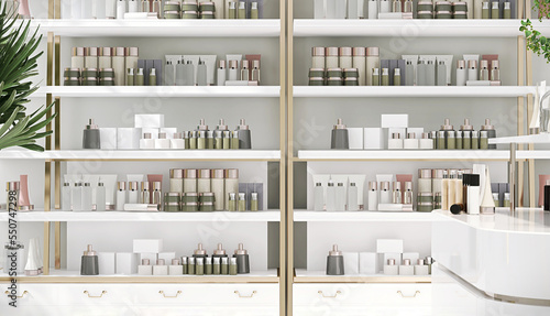 Beauty, cosmetic, hair and skincare product mockup in glossy white and gold shelf with variety of pastel color package in modern and luxury retail business store for product display background