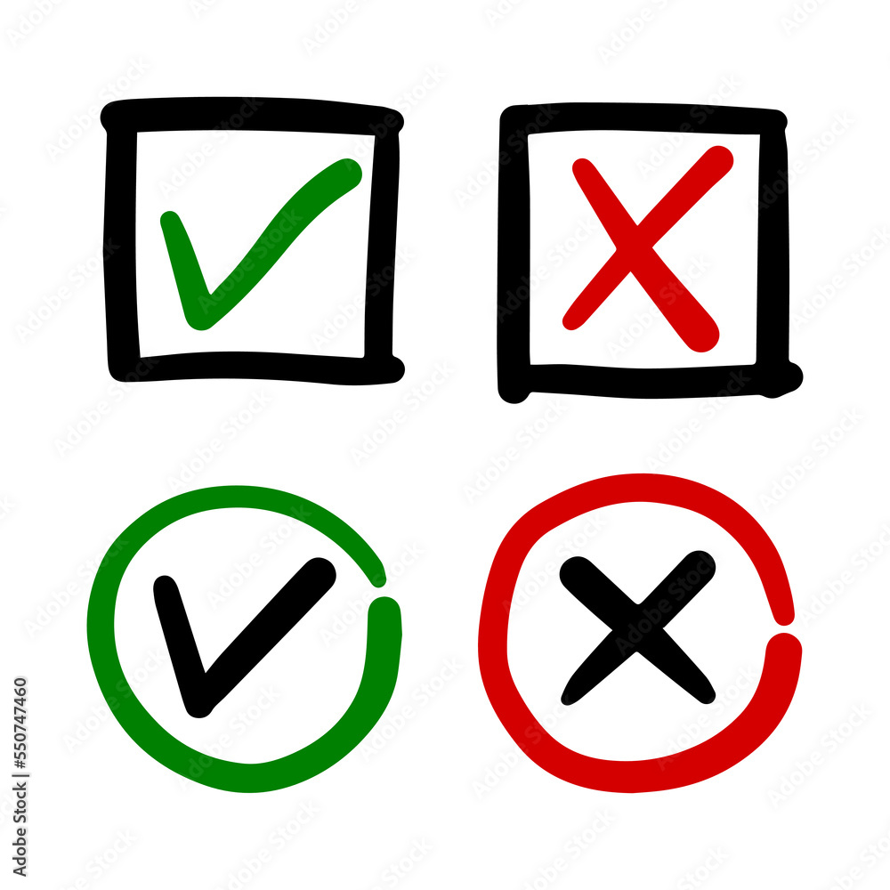 Tick and cross signs. Checkmark OK and X icons. Tick and cross signs. Checkmark OK and X icons.
