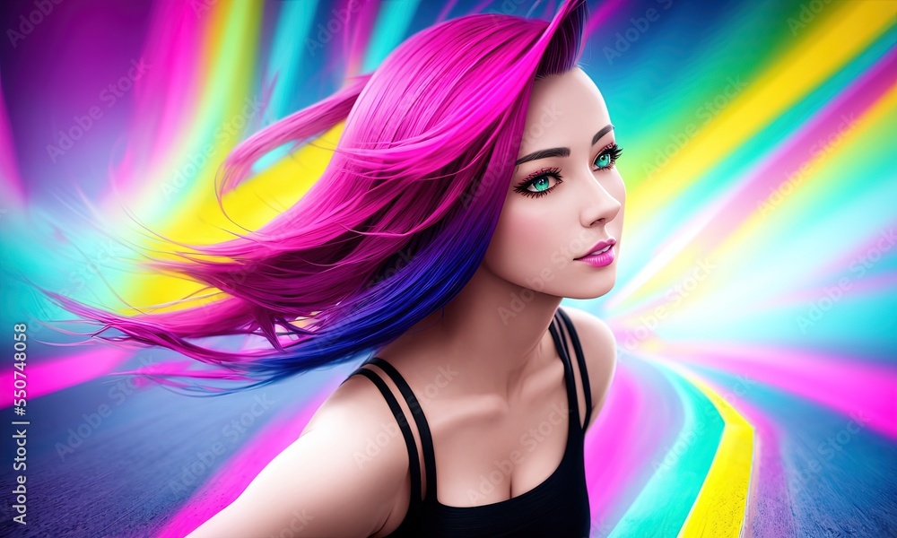 Obraz premium half body portrait of a beautiful woman in a croptop with a ombre purple pink teal hairstyle with head in motion