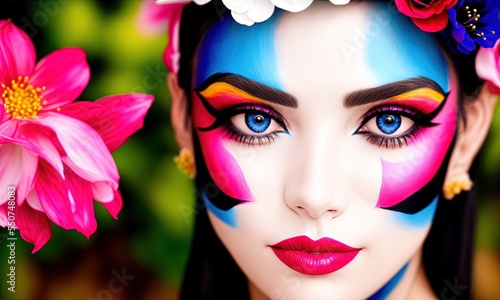 beautiful woman with her face painted. face painting of beautiful flowers