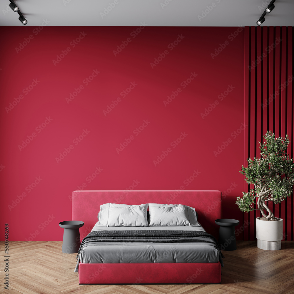 Viva magenta is a trendy color year 2023 in the luxury bedroom. Painted mockup wall for art and