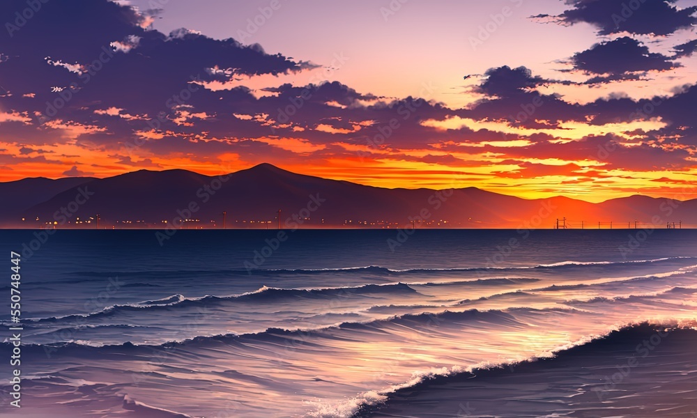 sunset at the beach with mountains 