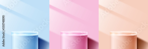 Set of blue, pink and orange pastels color 3D cylinder podium pedestal top of transparency glass with lighting of window on minimal wall scene background