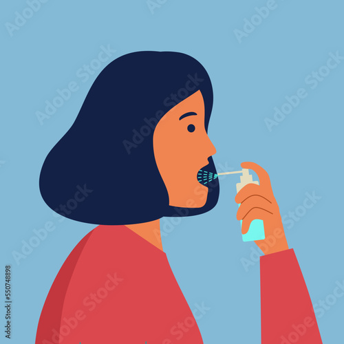 Woman using mouth spray for fresh breathing or sore throat infection treatment in flat design.