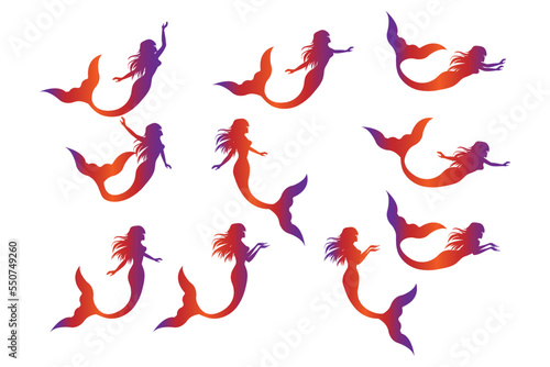 cute mermaid silhouette illustration set