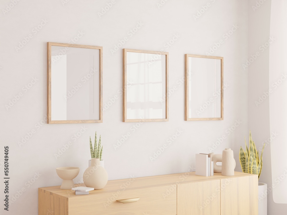 Vertical wood frame mockup in living room interior with window light shadow. 3d rendering, 3d illustration