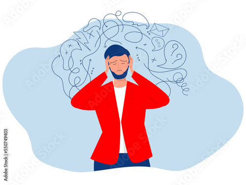 Businessman in stress ,headache or anxiety attack crisis,anxiety, fear, anger, exhaustion and so many emotions Mental disorder and chaos flat vector illustrator