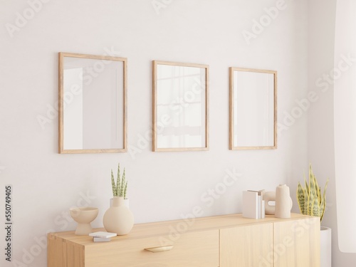 Vertical wood frame mockup in living room interior with window light shadow. 3d rendering, 3d illustration © kitipol