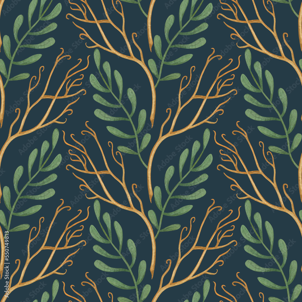 Seamless pattern with leaves. Decorative pattern. Watercolor and gouache illustration. The print is used for Wallpaper design, fabric, textile, packaging.