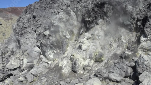 In active volcano crater (volcanic vent) - lava with fragmentary scoriae (cinder block lava), fumarole, solfataras, volcanic emanations (sour, hydrogen sulfide gas), sulfur deposits, etc. Kamchatka photo