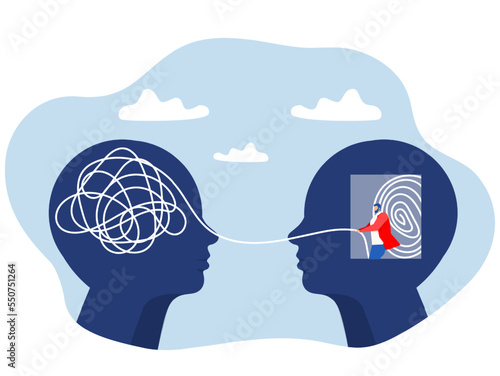 Two human heads silhouette decoding and understanding problem or rational and irrational thinking, conflict. Ordering thoughts into structure  brain mental health psycho therapy concept