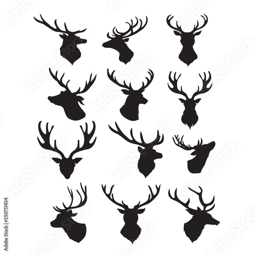 Black silhouette of Dear head with big antlers. Vector illustration.