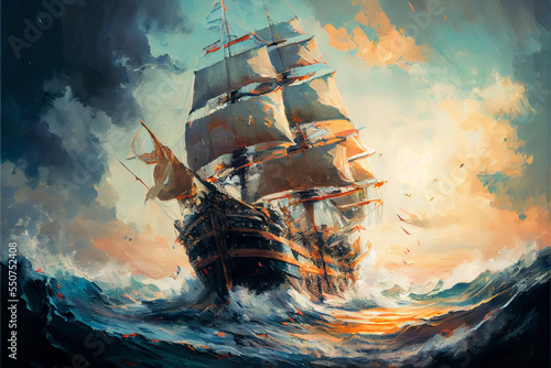 Oil painting of a ship on the raging seas