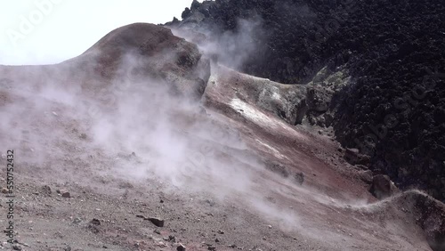In active volcano crater (volcanic vent) - lava with fragmentary scoriae (cinder block lava), fumarole, solfataras, volcanic emanations (sour, hydrogen sulfide gas), sulfur deposits, etc. Kamchatka. photo