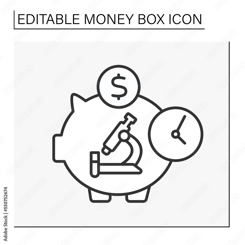  Moneybox line icon. Microscope inside piggybank. Accumulation of money for researching. Wealth concept. Isolated vector illustration.Editable stroke