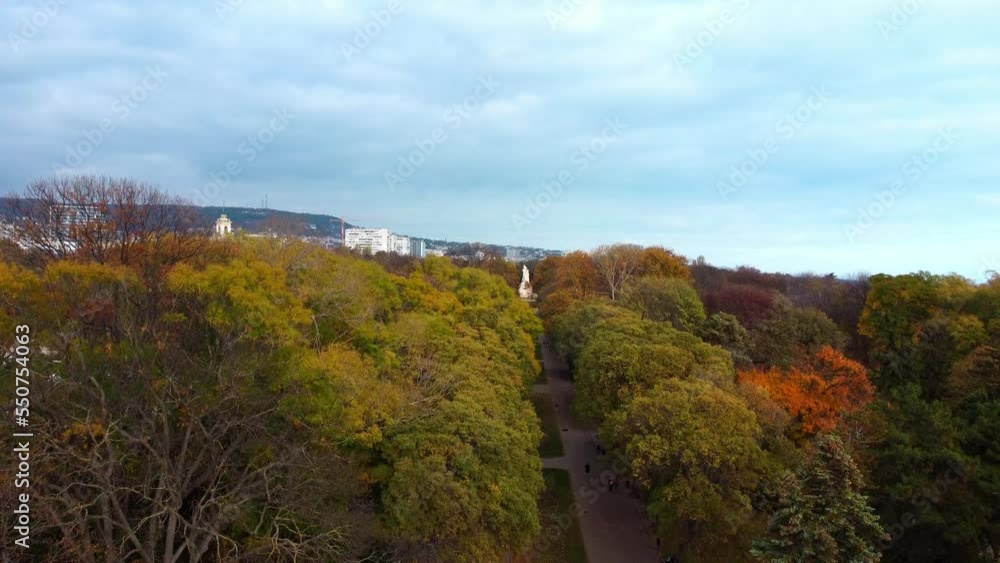 Aerial Shot over Green and Yellowish Treetops Sea Garden Sky View Varna Bulgaria Aerial Shot over Green and Yellowish Treetops Sea Garden Sky View Varna Bulgaria