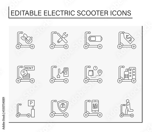  Electric scooter line icons set. Fast movement transport. Transportation concepts. Isolated vector illustrations. Editable stroke