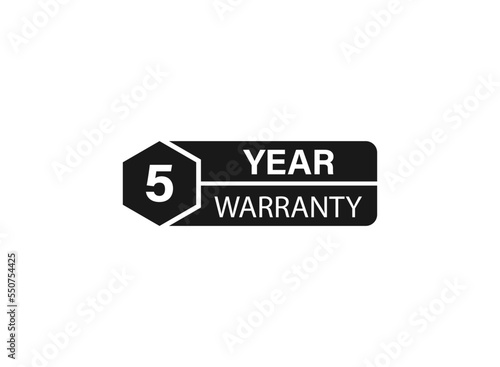 5 year warranty stamp on white background. Sign, label, sticker.