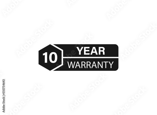 10 year warranty stamp on white background. Sign, label, sticker.