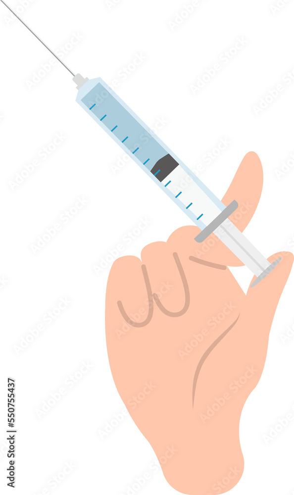 Close-up of vaccinated hand, syringe with hand gesture, vector icon for flu coronavirus vaccine injection Close-up of vaccinated hand, syringe with hand gesture, vector icon for flu coronavirus vaccine injection