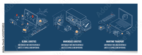 3D isometric Set of logistics solutions concept with Global Logistics, Warehouse Logistics, Maritime Transport, Online delivery, Export and Import. Vector illustration eps10