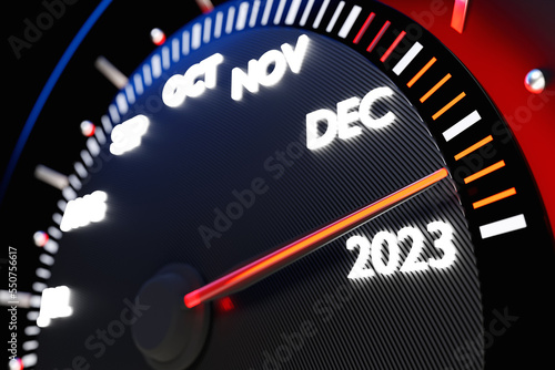 3D illustration Close up Instrument automobile panel with speedometer, tachometer, which says Merry Christmas 2022, 2023. The concept of the new year and Christmas in the automotive field.