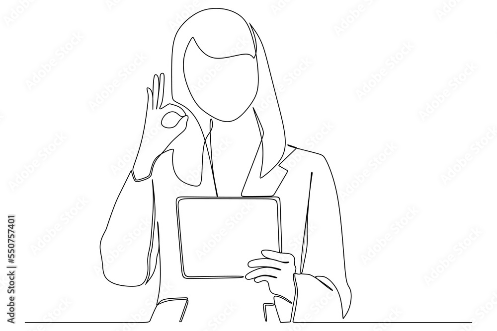 continuous line drawing of smiling businesswoman with the tablet continuous line drawing of smiling businesswoman with the tablet