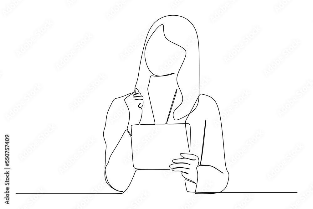 continuous line drawing of smiling businesswoman with the tablet continuous line drawing of smiling businesswoman with the tablet