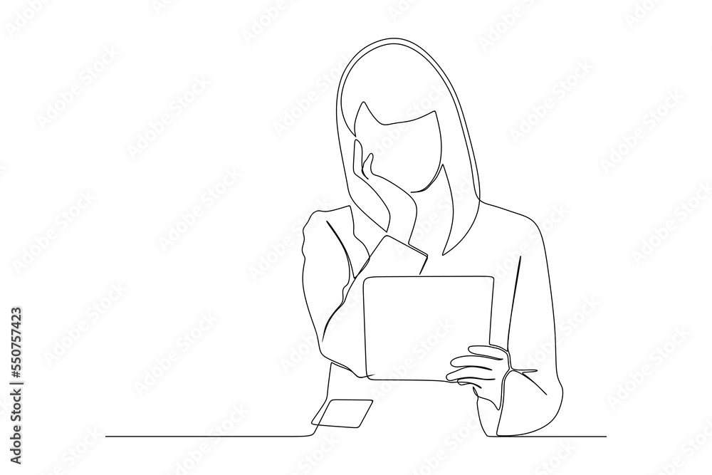 continuous line drawing of smiling businesswoman with the tablet continuous line drawing of smiling businesswoman with the tablet