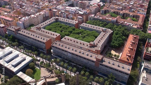 Barcelona, Spain. Drone Aerial View of Plaza de Pompeu Gener Square and Garden in Barceloneta Neighborhood photo