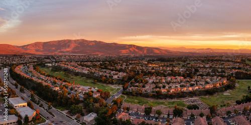 Houses surrounding a golf course in Eastlake Chula Vista, drone shot.