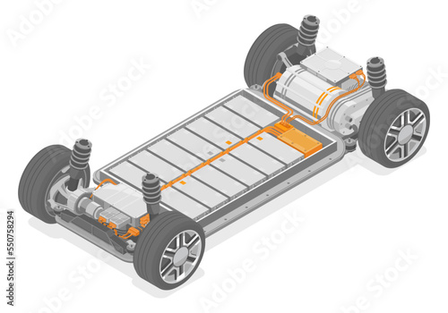 Electric car production manufacturing lithium battery li ion pack modular ev motor parts layout motor controller isometric Isolated vector illustration