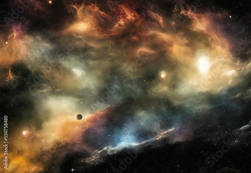 Detailed landscape painting of galactic outer space featuring stars, comets, moons, planets, and nebula gas. Digital painting.