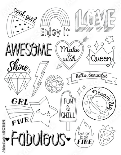 Fashion doodle stickers set. Collection of reaction for messengers and minimalist labels for kids in retro style, motivational quotes. Cartoon flat vector illustrations isolated on white background
