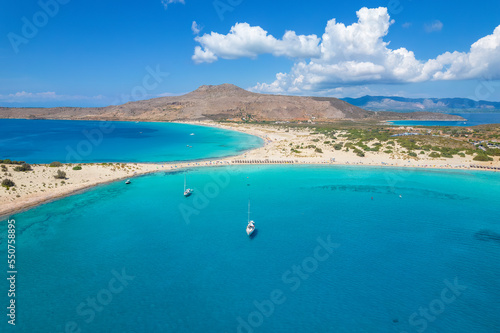 Aerial view of Simos beach in Elafonisos. Located in south Peloponnese elafonisos is a small island very famous for the paradise sandy beaches and the turquoise waters © valantis minogiannis