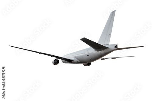 Fototapeta Naklejka Na Ścianę i Meble -  White wide body passenger airplane flies isolated on transparent background