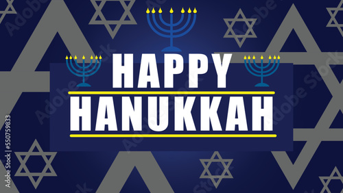 Vector banner design celebrating Jewish festival called Hanukka. poster consist of the Star of David and a Hanukkah menorah, or hanukkiah a Jewish candle holder with nine candles. blue yellow colors.