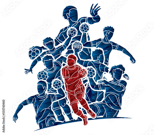 Group of Handball Sport Male Players Team Men Mix Action Cartoon Graphic Vector