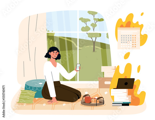 Procrastinate, break deadlines. Woman with smarthone sits at home and looks at burning stacks of papers. Poor time management and lazy employee. Inefficient workflow. Cartoon flat vector illustration