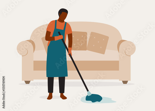 Black Man With Apron And Glove Mopping Floor In Living Room At Home. Full Length. Flat Design Style, Character, Cartoon.
