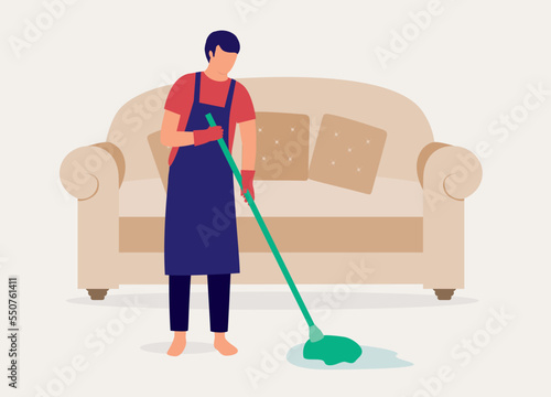 Man With Apron And Glove Mopping Floor In Living Room At Home. Full Length. Flat Design Style, Character, Cartoon.
